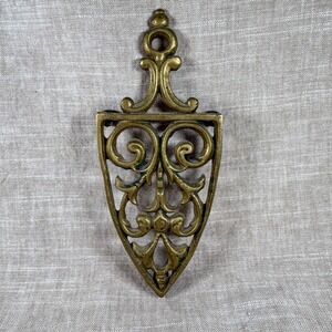 Vintage Brass Trivet Wall Decor | Ornate Scroll Filigree Shield Shape | Cottage